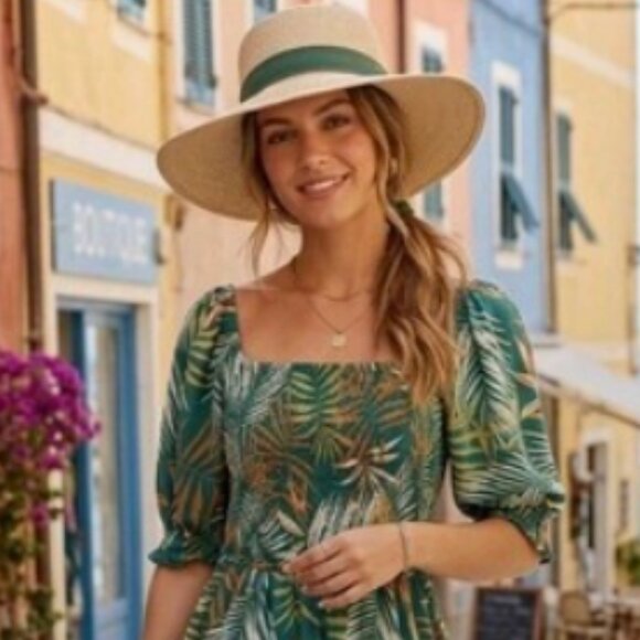 Green Floral Tropical Smocked Puff Sleeve Off On Shoulder Midi Floral Sundress M - Picture 6 of 6